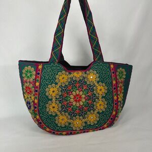Boho Indian Embroidered Emerald Green Tote Bag – Gold Thread Mandala Mirror Work